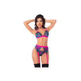 Ensemble lingerie 3 pièces bleu et rose brodé avec sequins – Mapalé